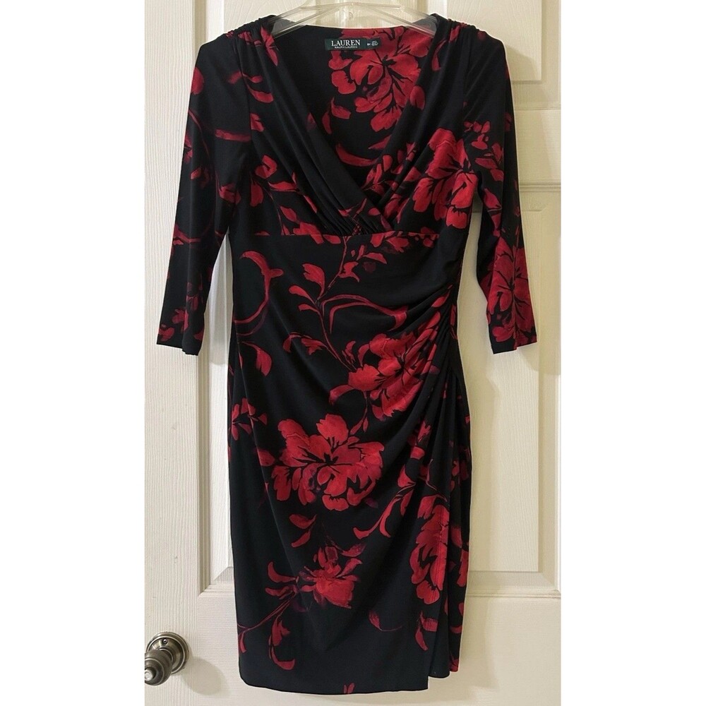 RALPH LAUREN Women 8p Red Black Floral Faux Wrap Dress. Cocktail Career Slimming